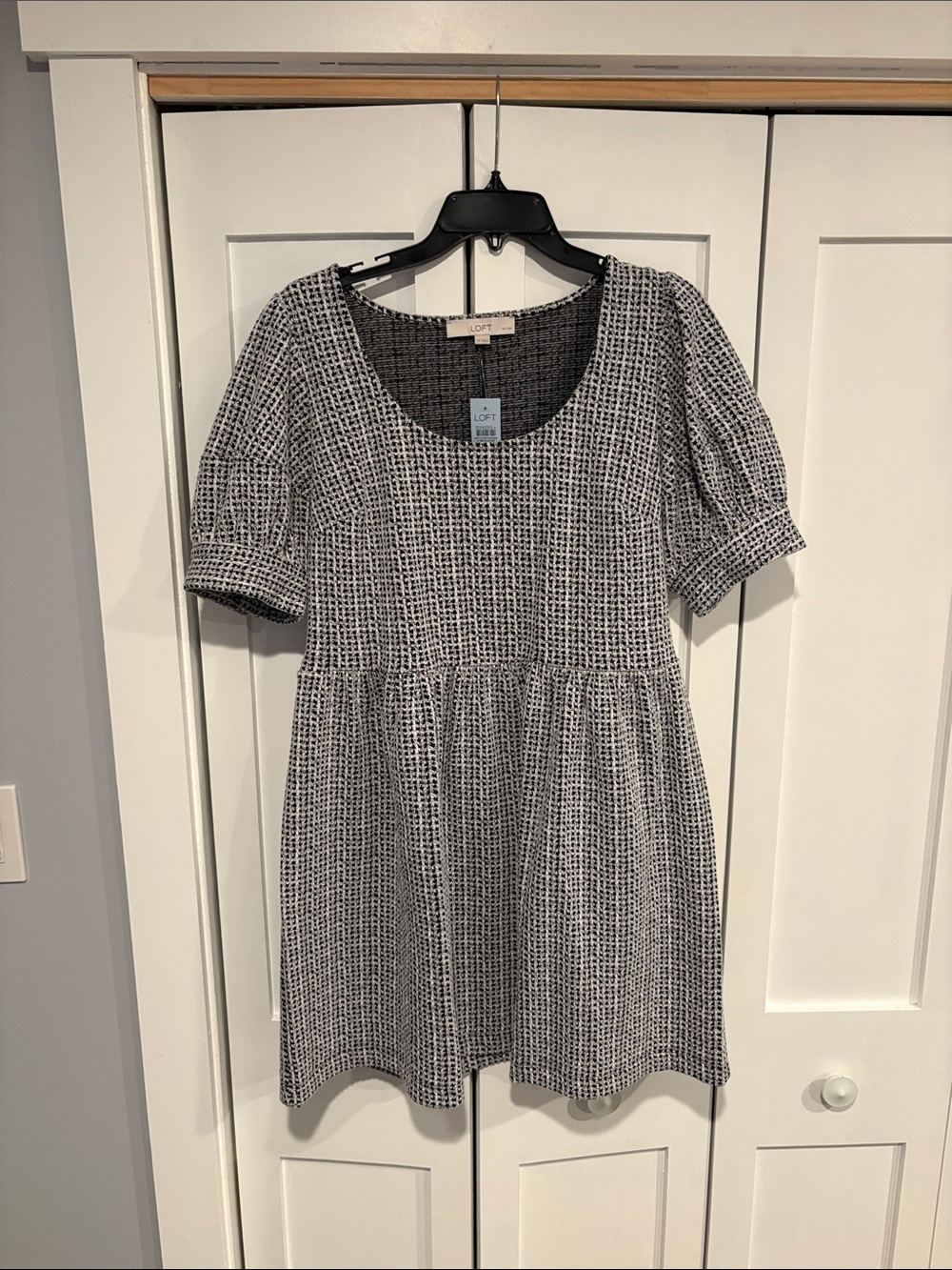 LOFT Black and White Short-Sleeve Textured Mini Dress